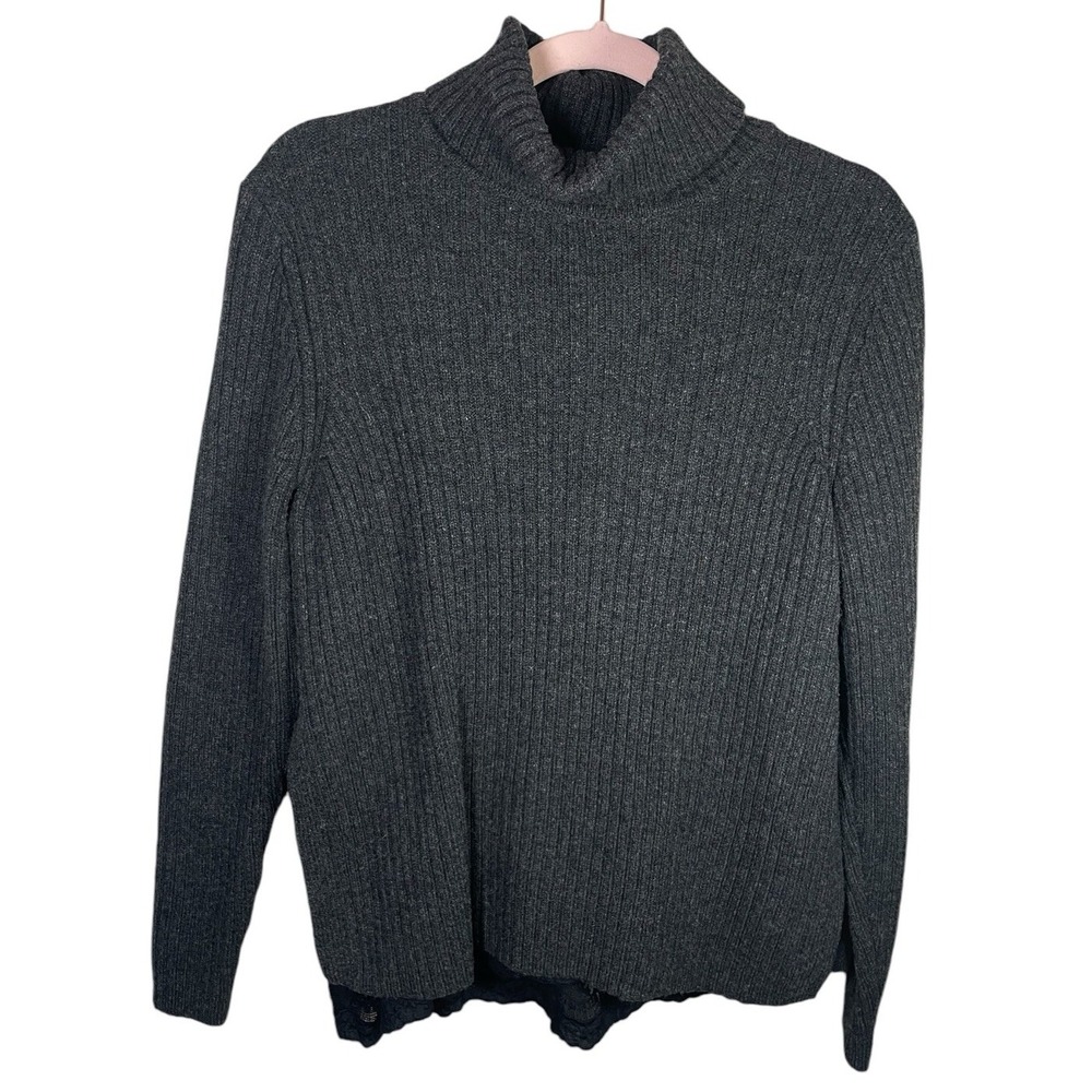 Garnet Hill Womens M Gray Wool Turtle Neck Pullover Side Buttons Lace Trim